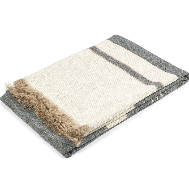 Belgian Linen Blend Throw Blanket Navy Oyster