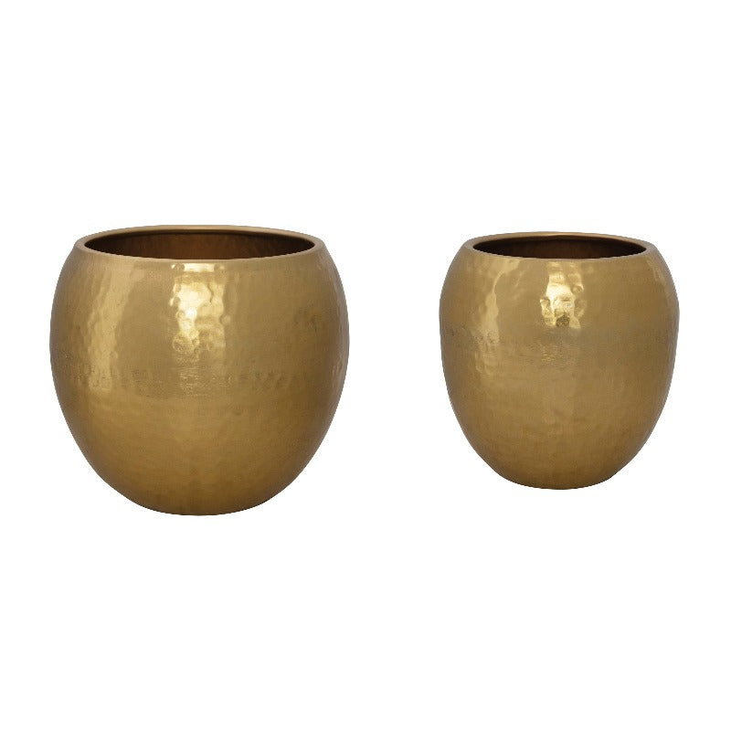 Round 6-Inch Metal Planter Brass Tone Flower Pot with Hammered Texture