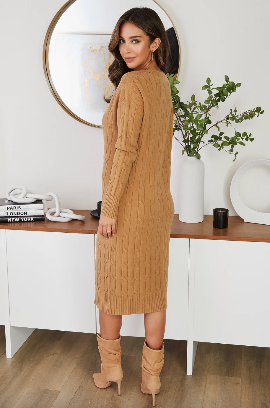 Cable Knit Dress-Camel