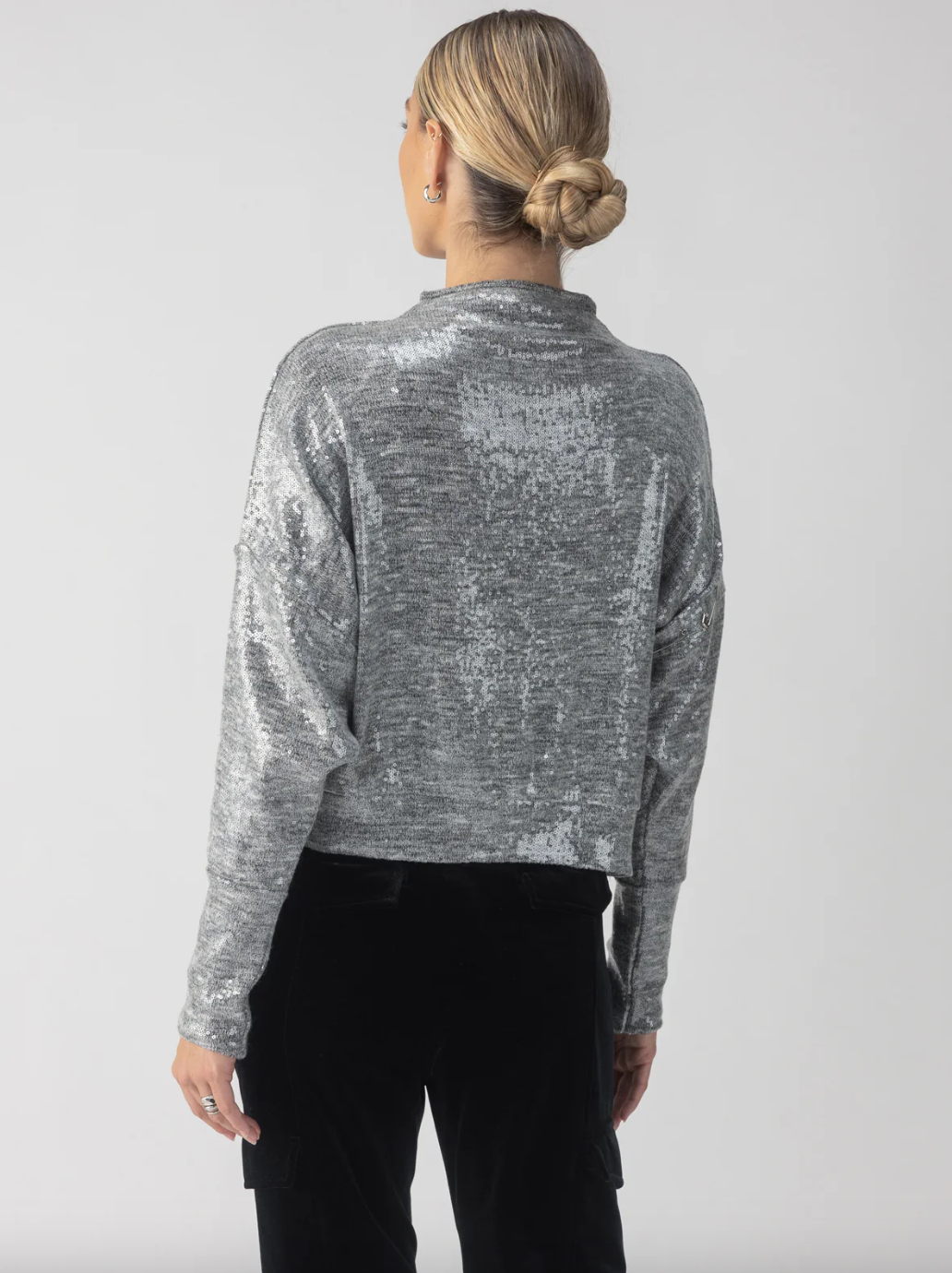 Sequin Funnel Neck Top-Grey