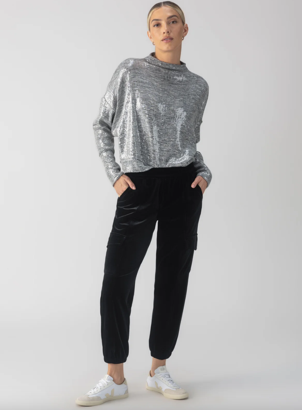 Sequin Funnel Neck Top-Grey