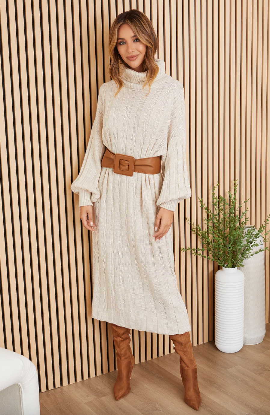 Chunky Turtleneck Dress-Oatmeal