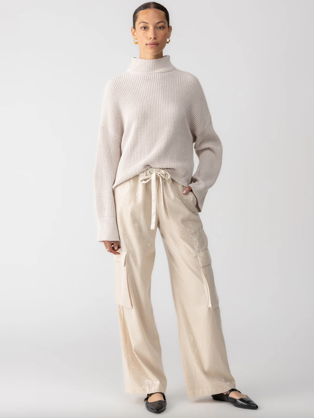 Pull On Sequin Cargo Pant-Almond