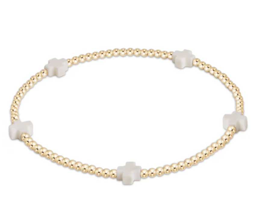 Small Cross Gold 2MM Bead Bracelet-Off White