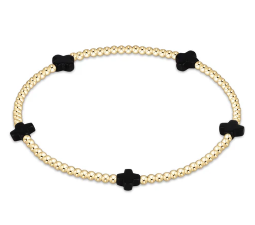 Small Cross Gold 2MM Bead Bracelet-Onyx