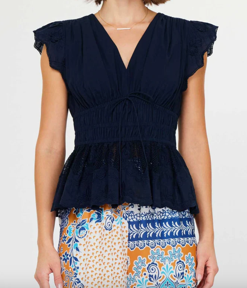 Embroidered Lace Peplum Top-Navy