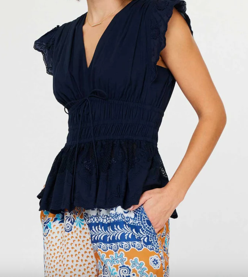 Embroidered Lace Peplum Top-Navy