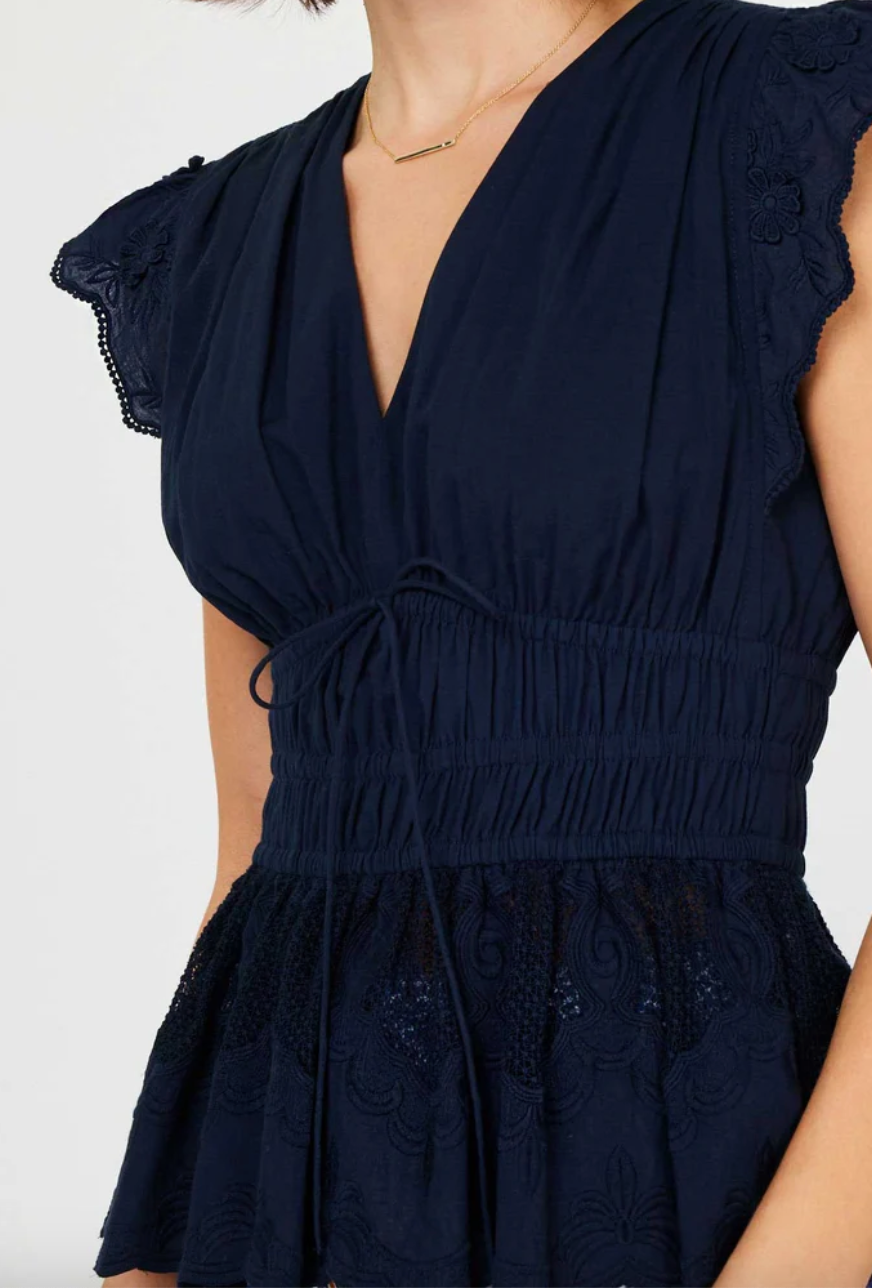 Embroidered Lace Peplum Top-Navy