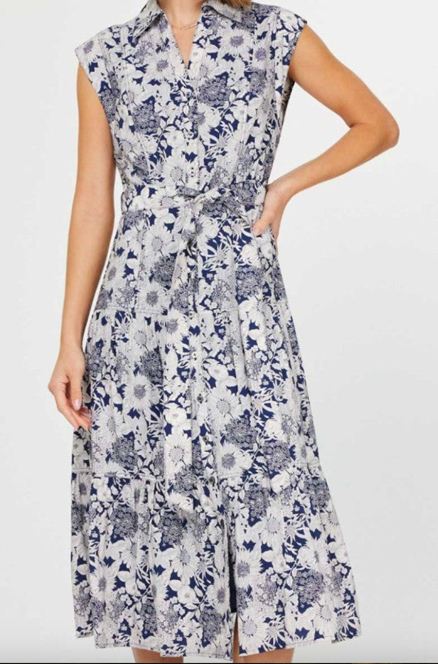 Floral Cap Sleeve Dress-Navy