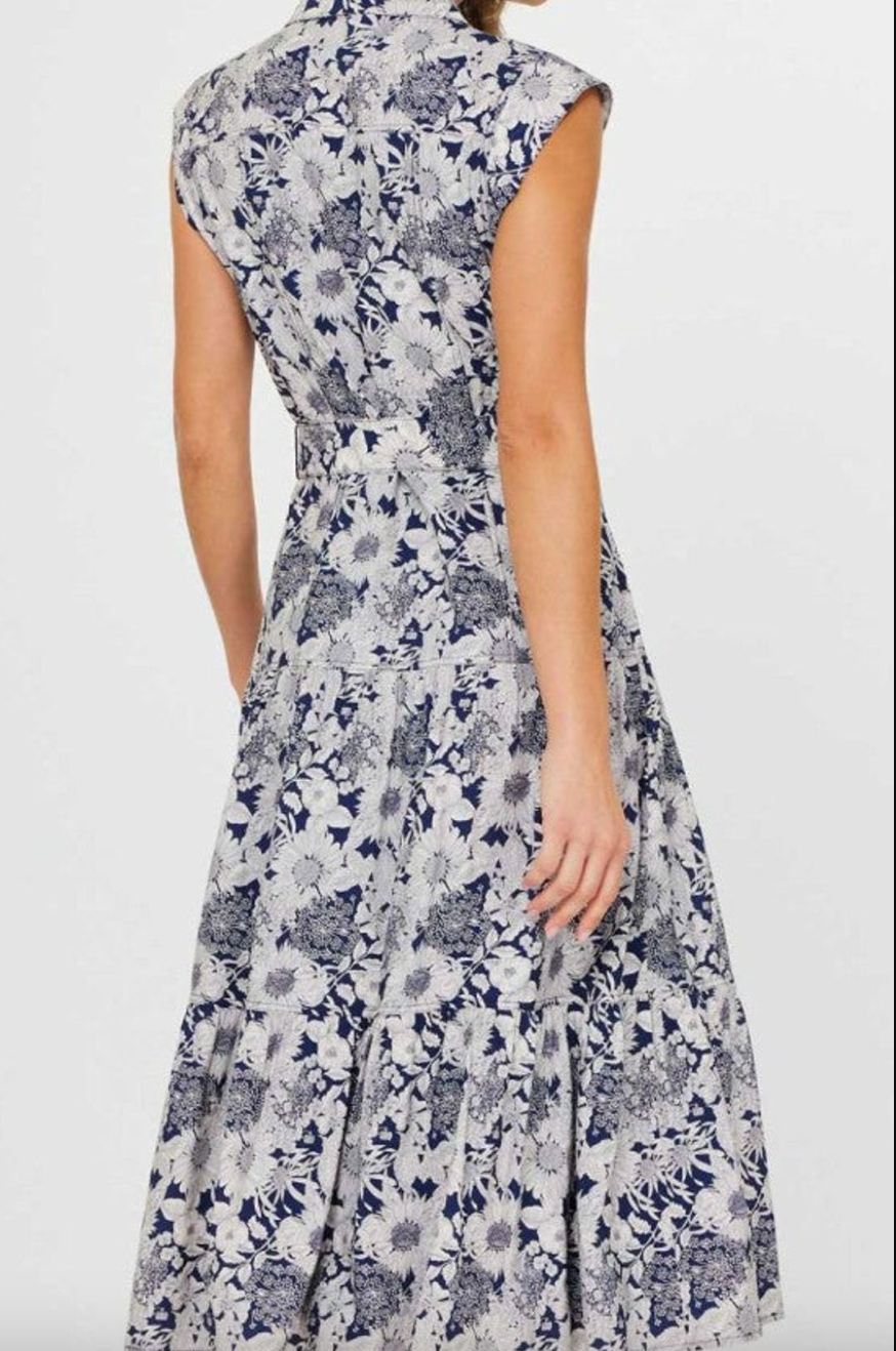 Floral Cap Sleeve Dress-Navy