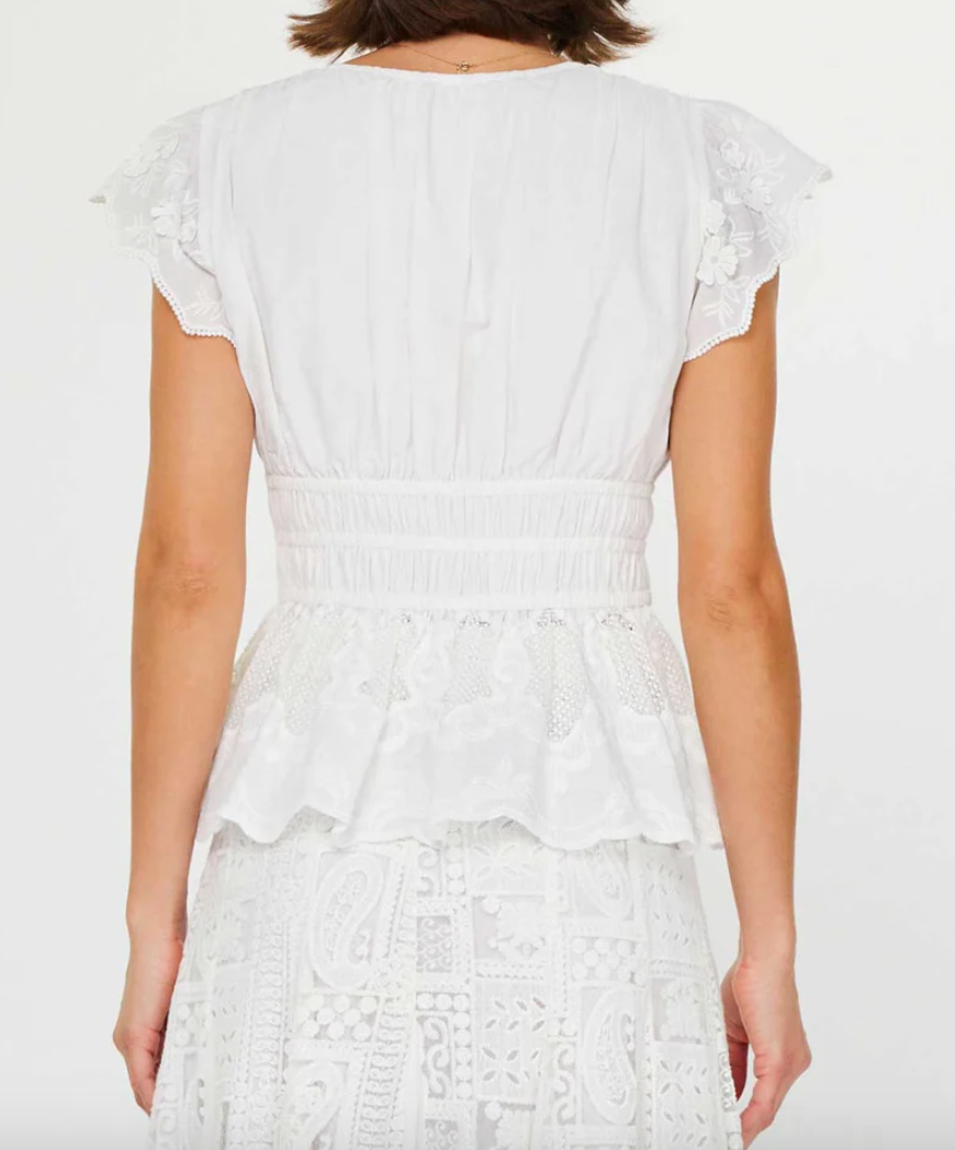 Embroidered Lace Peplum Top-White