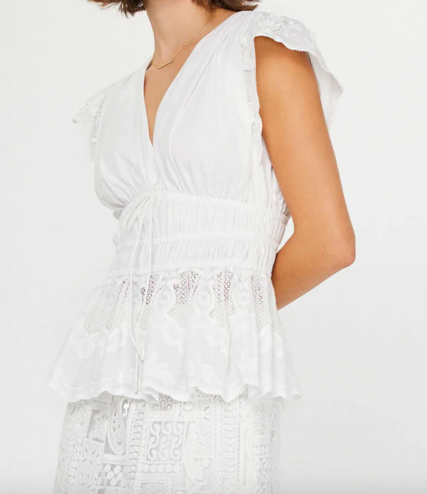 Embroidered Lace Peplum Top-White