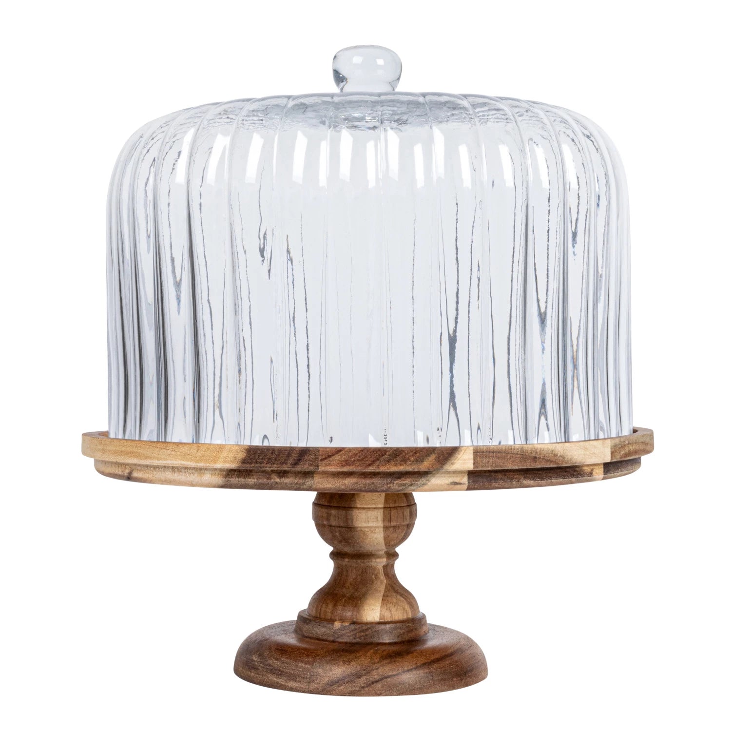 Wood Pedestal w/ Fluted Glass Cloche