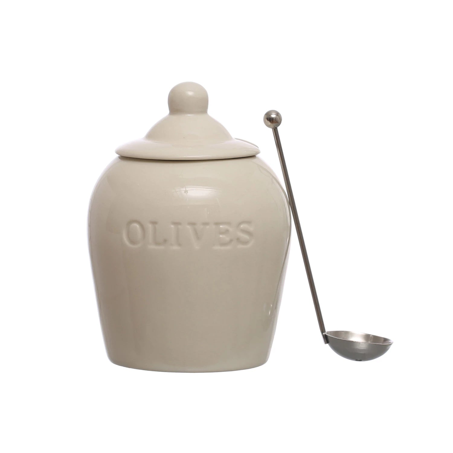 White Stoneware Olive Jar w/ Spoon