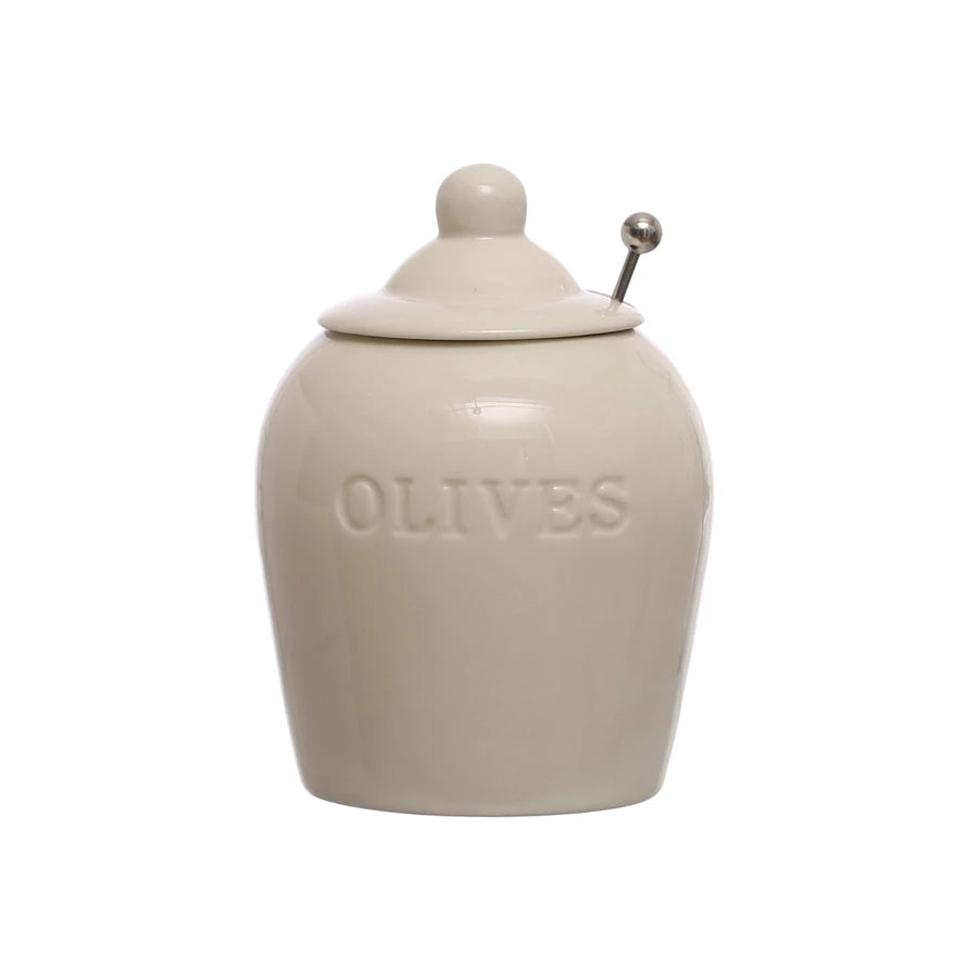 White Stoneware Olive Jar w/ Spoon