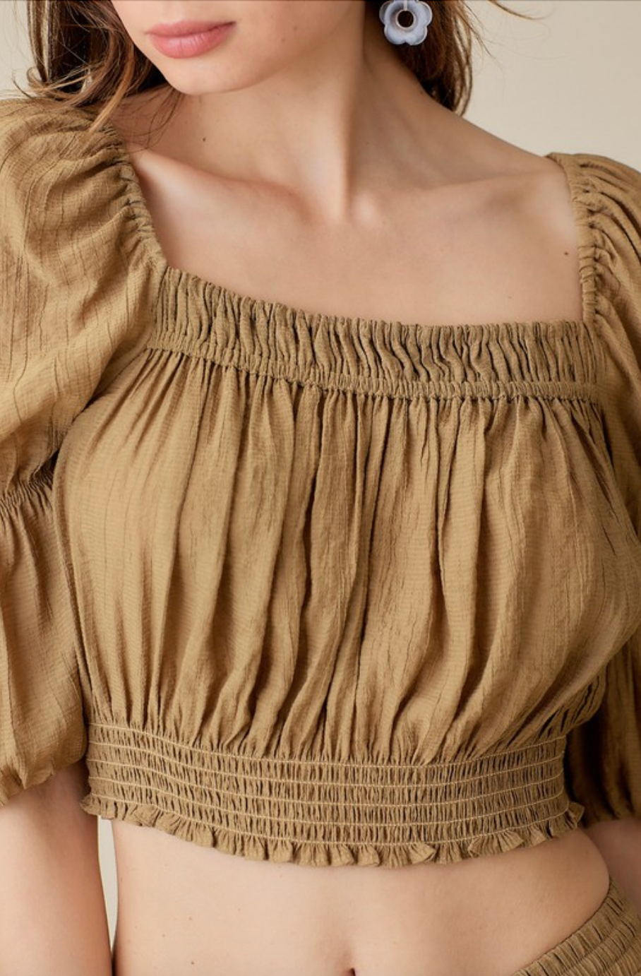 Brown Abstract Crop Top Square Neck Linen